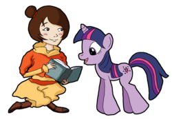 Size: 1271x881 | Tagged: safe, artist:yellowwatermelon, twilight sparkle, human, pony, unicorn, g4, book, clothes, crossover, duo, duo female, female, jinora, mare, simple background, the legend of korra, transparent background, unicorn twilight