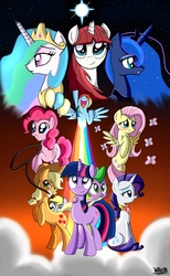 Size: 2220x3596 | Tagged: safe, artist:walliscolours, applejack, derpy hooves, fluttershy, pinkie pie, princess celestia, princess luna, rainbow dash, rarity, spike, twilight sparkle, oc, oc:fausticorn, alicorn, butterfly, earth pony, pegasus, pony, unicorn, g4, balloon, female, high res, lasso, lauren faust, mane seven, mane six, mare, royal sisters, siblings, sisters, stars, unicorn twilight