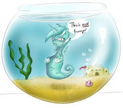 Size: 731x644 | Tagged: dead source, safe, artist:zephrysdaemon, lyra heartstrings, sea pony, g4, bubble, fins, fish bowl, flowing mane, horn, lyra is not amused, scales, seaponified, seapony lyra, seashell, seaweed, solo, species swap, swimming, unamused, underwater, water