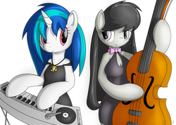 Size: 801x570 | Tagged: safe, artist:tg-0, dj pon-3, octavia melody, vinyl scratch, semi-anthro, g4, arm hooves, breasts, busty octavia melody, cello, keyboard, musical instrument