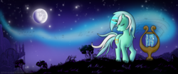 Size: 1200x500 | Tagged: dead source, safe, artist:zephrysdaemon, lyra heartstrings, pony, g4, canterlot, female, lyre, magic, magic aura, mare in the moon, moon, music, music notes, musical instrument, night, solo