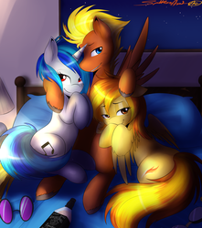 Size: 3000x3400 | Tagged: dead source, safe, artist:spittfireart, dj pon-3, leeroy wingkins, spitfire, vinyl scratch, oc, pegasus, pony, unicorn, g4, alcohol, bed, bedroom eyes, canon x oc, cuddling, female, grin, high res, hug, looking at you, looking back, lucky bastard, male, mare, on back, on side, prone, smiling, snuggling, stallion, straight, trio