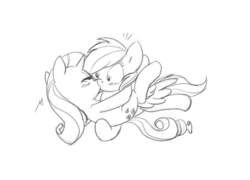 Size: 3329x2400 | Tagged: safe, artist:carnifex, rainbow dash, rarity, pegasus, pony, unicorn, g4, commission, duo, female, flying, high res, kiss on the lips, kissing, lesbian, mare, monochrome, ship:raridash, shipping, traditional art