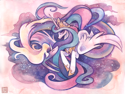 Size: 861x643 | Tagged: safe, artist:creepyfish, princess celestia, alicorn, pony, g4, adventure time, crossover, duo, female, lady rainicorn, looking at you, male, mare, rainicorn, smiling, smiling at you, traditional art, watercolor painting