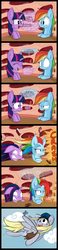 Size: 1050x4561 | Tagged: safe, artist:teknibaal, derpy hooves, rainbow dash, twilight sparkle, pegasus, pony, g4, comic, crash, delivery, dialogue, female, gritted teeth, lidded eyes, mailmare, mare, shrunken pupils, this did not end well