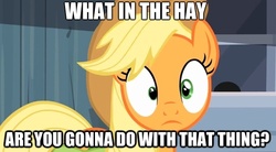 Size: 622x344 | Tagged: safe, applejack, g4, caption, shocked