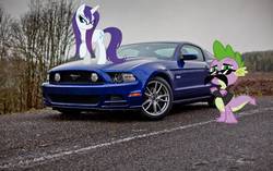 Size: 672x422 | Tagged: safe, artist:dontae98, rarity, spike, pony, g4, car, ford, ford mustang, irl, moustache, mustang, photo, ponies in real life, swag, wet, wet mane, wet mane rarity