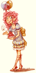 Size: 660x1346 | Tagged: safe, artist:steeve, pinkie pie, human, g4, balloon, cake, clothes, dress, food, heart, humanized, skinny, thin, traditional art