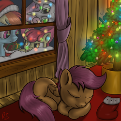 Size: 1500x1500 | Tagged: safe, artist:redesine, apple bloom, rainbow dash, scootaloo, sweetie belle, earth pony, pegasus, pony, unicorn, g4, blank flank, christmas, christmas stocking, christmas tree, cutie mark crusaders, eyes closed, female, filly, foal, hearth's warming eve, holiday, looking at each other, looking at someone, lying down, mare, present, prone, signature, sleeping, tree, window