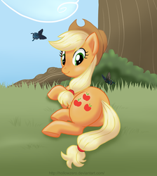 Size: 915x1020 | Tagged: safe, artist:hollowzero, applejack, butterfly, earth pony, pony, g4, bush, butt, female, grass, looking at you, looking back, looking back at you, mare, plot, prone, smiling, tree