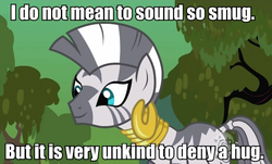 Size: 697x420 | Tagged: safe, zecora, pony, zebra, g4, bronybait, female, hug, image macro, meme, solo