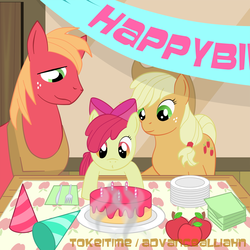 Size: 1500x1500 | Tagged: safe, artist:tokeitime, apple bloom, applejack, big macintosh, earth pony, pony, g4, apple siblings, birthday, cake, male, stallion