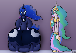 Size: 1280x890 | Tagged: safe, artist:jesseorange, princess celestia, princess luna, pony, series:absurdly huge luna's life, g4, butt, fat, impossibly large butt, moonbutt, morbidly obese, now you're thinking with portals, obese, plot, portal, portals, princess moonpig, stuck