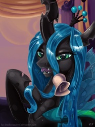 Size: 900x1200 | Tagged: safe, alternate version, artist:kp-shadowsquirrel, queen chrysalis, changeling, changeling queen, g4, beautiful, crown, fangs, female, flower in mouth, jewelry, mouth hold, open mouth, raised hoof, regalia, rose, rose in mouth, signature, smiling, solo, standing, tongue out, wings