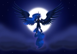 Size: 4961x3508 | Tagged: safe, artist:yokogumo, princess luna, pony, g4, female, moon, night, solo, spread wings