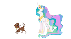 Size: 919x501 | Tagged: safe, princess celestia, winona, alicorn, dog, pony, princess molestia, g4, crown, female, hoof shoes, jewelry, mare, peytral, raised tail, regalia, simple background, smiling, tail, white background