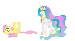 Size: 919x501 | Tagged: safe, fluttershy, princess celestia, alicorn, pegasus, pony, princess molestia, g4, duo, female, folded wings, grin, gritted teeth, mare, on back, simple background, smiling, white background, wings