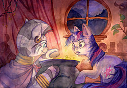 Size: 900x623 | Tagged: safe, artist:gezibing, twilight sparkle, zecora, pony, unicorn, zebra, g4, cauldron, duo, duo female, female, glowing, interior, mare, traditional art, unicorn twilight, watercolor painting