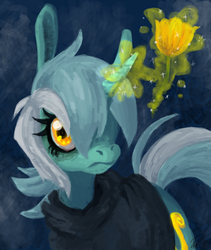 Size: 800x950 | Tagged: safe, artist:divinisity, lyra heartstrings, pony, fanfic:background pony, g4, clothes, female, flower, hoodie, ponies wearing black, solo, tulip