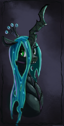 Size: 1024x2000 | Tagged: safe, artist:idriaka, queen chrysalis, changeling, changeling queen, g4, bust, crown, fangs, female, frown, jewelry, looking at you, regalia, solo