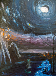 Size: 1280x1716 | Tagged: safe, artist:tridgeon, princess luna, oc, g4, canterlot, moon, mountain, night, oil painting, painting, ponyville, scenery, traditional art, tree