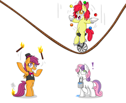 Size: 2960x2432 | Tagged: safe, artist:stacyisback, apple bloom, scootaloo, sweetie belle, earth pony, pegasus, pony, unicorn, g4, circus, clown, cutie mark crusaders, high res, juggling, unicycle
