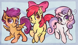 Size: 634x366 | Tagged: safe, artist:homosocks, apple bloom, scootaloo, sweetie belle, earth pony, pony, g4, cutie mark crusaders, female, filly, heart eyes, wingding eyes