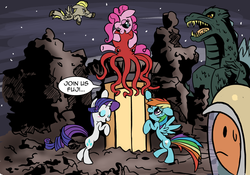 Size: 1253x875 | Tagged: safe, artist:bronycurious, pinkie pie, rainbow dash, rarity, oc, kaiju, g4, crossover, fuji, godzilla, godzilla (series), oodako, planet x, wat