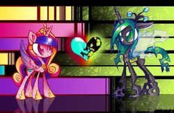 Size: 5040x3285 | Tagged: dead source, safe, artist:yuji8sushi, princess cadance, queen chrysalis, alicorn, changeling, changeling queen, pony, g4, abstract background, female, heart, reflection