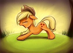 Size: 800x577 | Tagged: safe, artist:fajeh, applejack, earth pony, pony, g4, backbend, female, solo, stretching, yawn