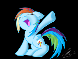 Size: 1400x1050 | Tagged: safe, artist:strangemoose, rainbow dash, pegasus, pony, g4, black background, cute, dashabetes, eyes closed, female, open mouth, raised hoof, simple background, solo