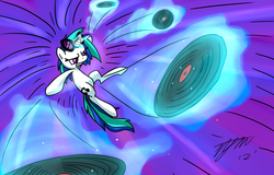 Size: 3911x2500 | Tagged: safe, artist:loosepopcorn, dj pon-3, vinyl scratch, pony, unicorn, g4, colored pupils, cutie mark, female, fight, glowing horn, gritted teeth, high res, hooves, horn, levitation, magic, mare, record, signature, smiling, solo, sunglasses, teeth, telekinesis, weapon