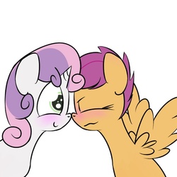 Size: 650x650 | Tagged: safe, artist:kryptchild, scootaloo, sweetie belle, g4, blushing, female, lesbian, ship:scootabelle, shipping, wingboner