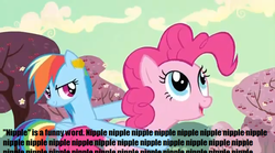 Size: 638x354 | Tagged: safe, edit, edited screencap, screencap, pinkie pie, rainbow dash, g4, the last roundup, caption, cherry orchard