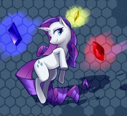 Size: 590x537 | Tagged: safe, rarity, pony, unicorn, g4, female, gem, mare, pixiv, solo, standing, standing on one leg