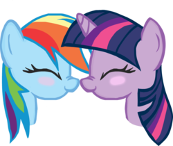 Size: 900x755 | Tagged: safe, artist:mrwoo6, rainbow dash, twilight sparkle, pegasus, pony, unicorn, g4, blushing, eyes closed, female, head, lesbian, mare, nuzzling, scrunchy face, ship:twidash, shipping, simple background, unicorn twilight