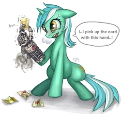 Size: 1725x1638 | Tagged: safe, artist:pmo0908, lyra heartstrings, pony, g4, card, female, hand, mechanical hands, prosthetics, solo, sweat, what has science done