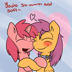 Size: 650x650 | Tagged: safe, artist:serendipity-kitty, ruby pinch, scootaloo, pegasus, pony, unicorn, g4, collar, cute, female, filly, lesbian, lesboloo, scootapinch, shipping