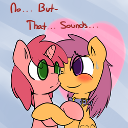 Size: 650x650 | Tagged: safe, artist:serendipity-kitty, ruby pinch, scootaloo, pegasus, pony, unicorn, g4, blushing, collar, female, filly, lesbian, lesboloo, scootapinch, shipping