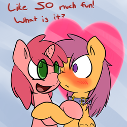 Size: 650x650 | Tagged: safe, artist:serendipity-kitty, ruby pinch, scootaloo, pegasus, pony, unicorn, g4, blushing, collar, cute, female, filly, lesbian, lesboloo, scootapinch, shipping