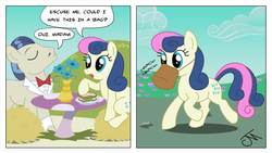 Size: 765x432 | Tagged: dead source, safe, artist:jeffmartinez, bon bon, horte cuisine, savoir fare, sweetie drops, earth pony, pony, g4, 2 panel comic, comic, daffodil and daisy sandwich, eating, feed bag, female, food, herbivore, horses doing horse things, male, mare, sandwich, stallion, table, waiter