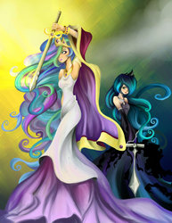 Size: 900x1165 | Tagged: safe, artist:buckingawesomeart, princess celestia, princess luna, human, g4, humanized