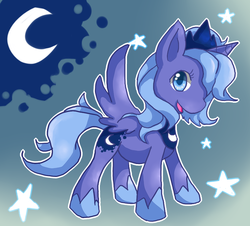 Size: 851x770 | Tagged: safe, artist:cheerubi, princess luna, alicorn, pony, g4, crescent moon, cutie mark, female, horn, jewelry, mare, moon, regalia, s1 luna, smiling, solo, spread wings, stars, wings