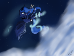 Size: 2000x1500 | Tagged: safe, artist:kyroking, princess luna, parasprite, g4, cloud, cloudy, female, flying, happy, solo