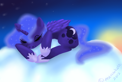 Size: 600x400 | Tagged: safe, artist:tediyaki, princess luna, pony, g4, cloud, female, sleeping, solo