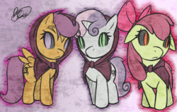 Size: 948x602 | Tagged: safe, artist:florecentmoo, apple bloom, scootaloo, sweetie belle, g4, cloak, clothes, creepy, cutie mark crusaders