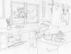 Size: 923x701 | Tagged: dead source, safe, artist:jackjacko-eponymous, apple bloom, applejack, earth pony, pony, g4, clothes, duo, female, kitchen, lineart, mare, monochrome, scarf, sketch, sledding, snow, snowfall, traditional art, winter