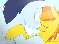 Size: 1024x768 | Tagged: safe, artist:swomswom, soarin', spitfire, g4, female, kissing, male, ship:soarinfire, shipping, straight