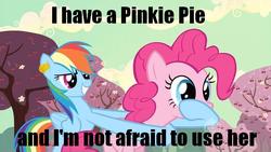 Size: 717x403 | Tagged: safe, edit, edited screencap, screencap, pinkie pie, rainbow dash, g4, the last roundup, caption, cherry orchard, image macro