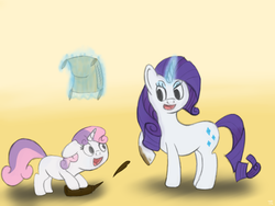 Size: 900x675 | Tagged: safe, artist:php192, rarity, sweetie belle, pony, unicorn, g4, duo, duo female, female, filly, glowing horn, horn, magic, mare, open mouth, sisters, telekinesis